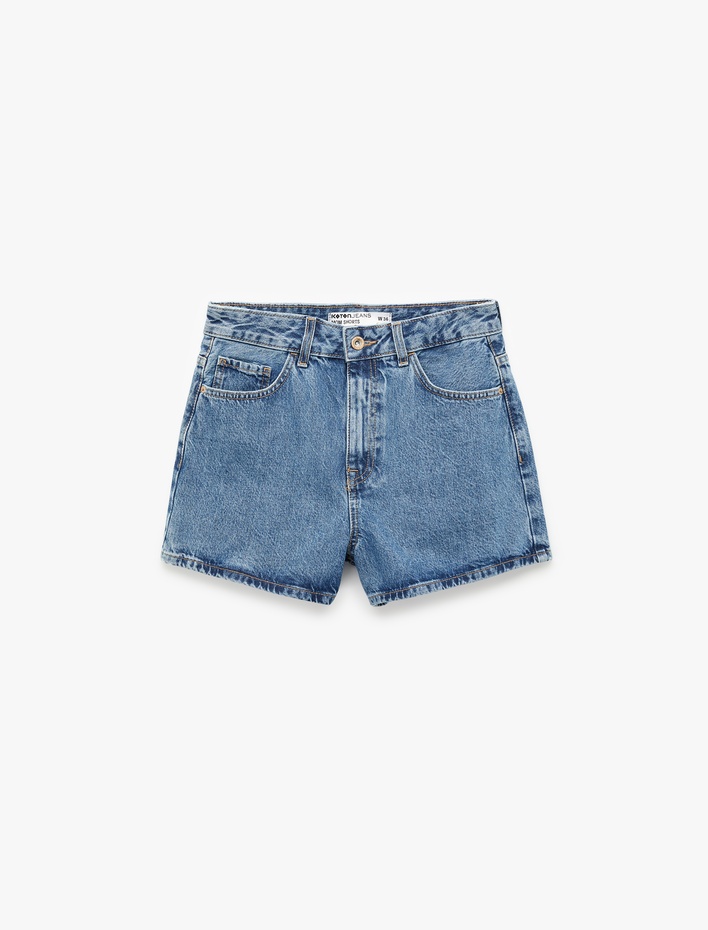  Normal Bel Düğmeli Pamuklu Rahat Kalıp Mini Denim Şort