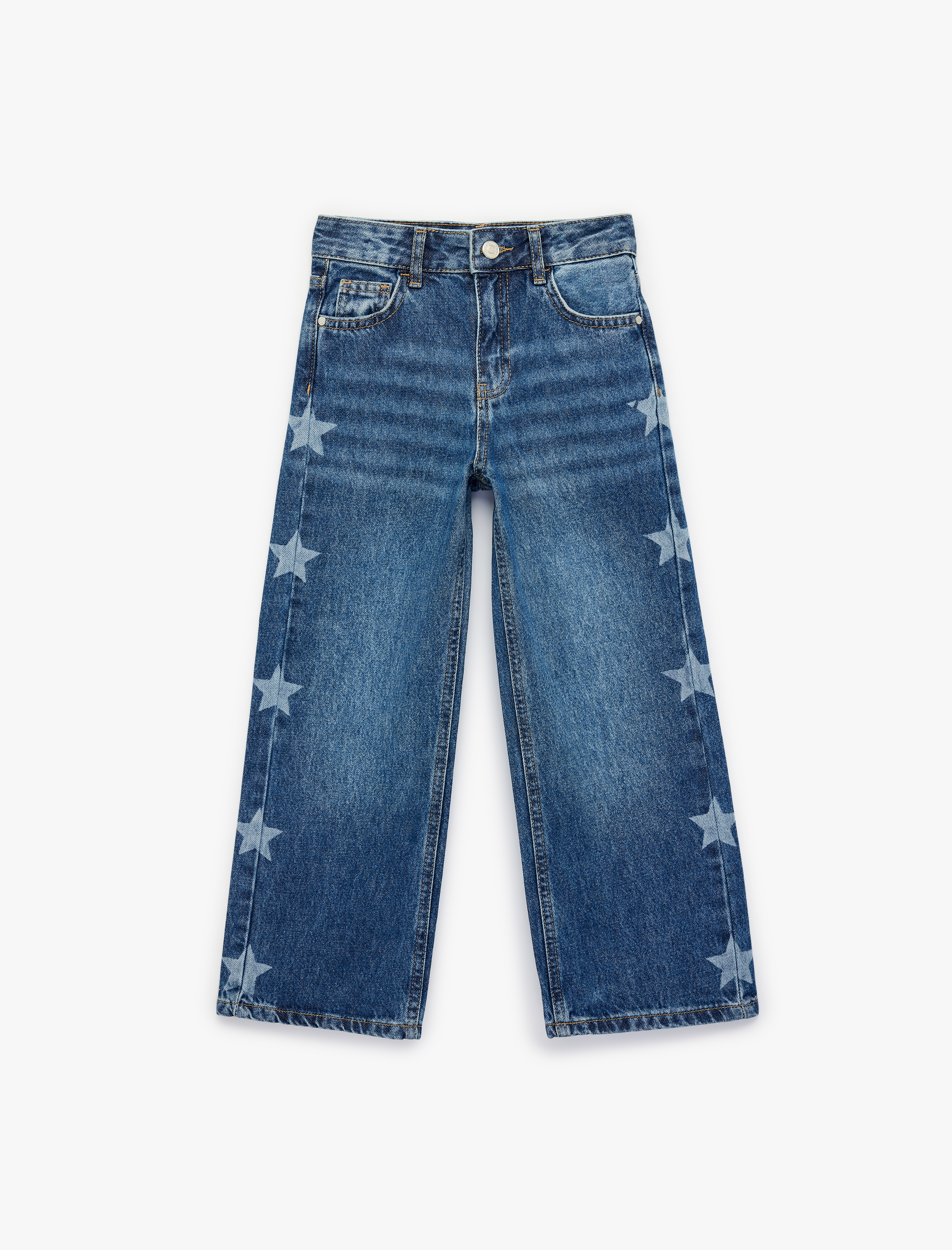  Kız Çocuk Pamuklu Yüksek Bel Yıldız Desenli Geniş Paça Pantolon