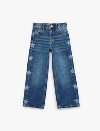 Pamuklu Yüksek Bel Yıldız Desenli Geniş Paça Pantolon