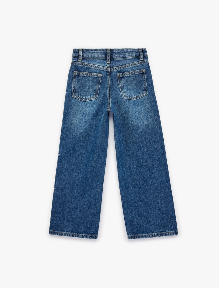 Kız Çocuk Pamuklu Yüksek Bel Yıldız Desenli Geniş Paça Pantolon