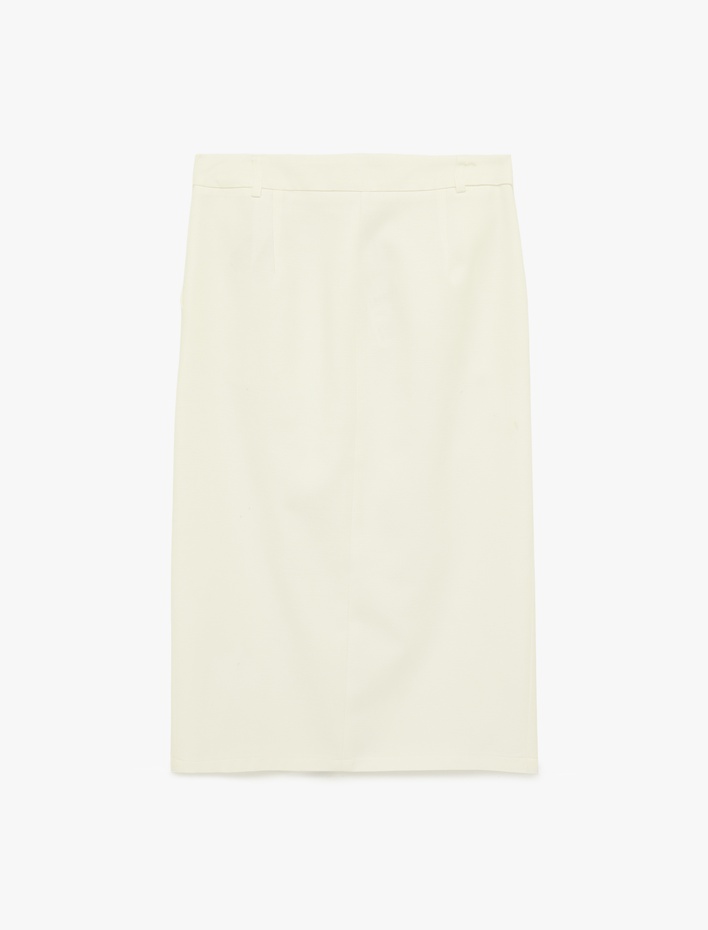  Düğmeli Viskon Karışımlı Yırtmaç Detaylı Midi Etek