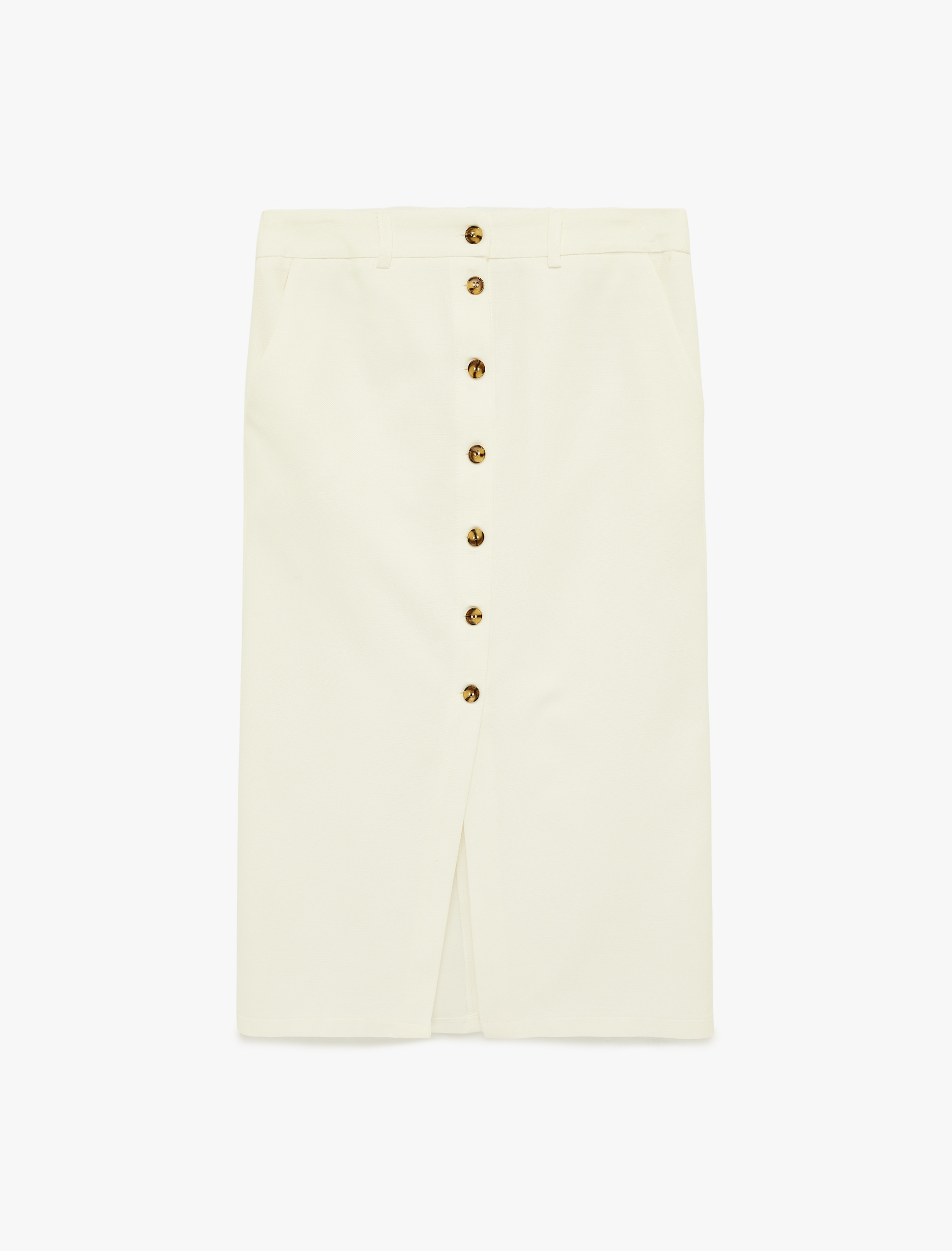   Düğmeli Viskon Karışımlı Yırtmaç Detaylı Midi Etek