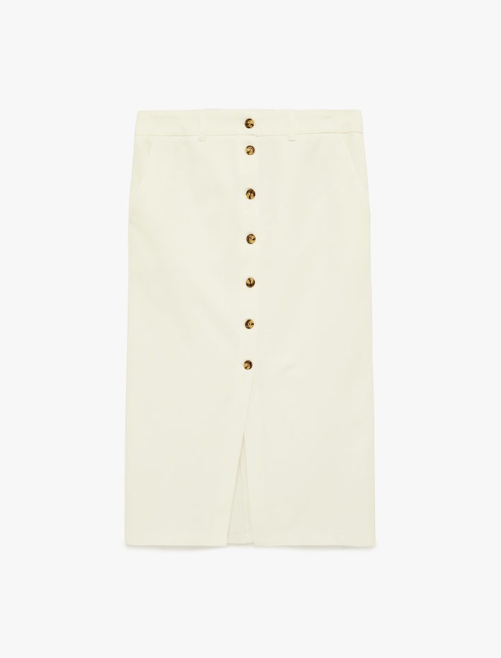  Düğmeli Viskon Karışımlı Yırtmaç Detaylı Midi Etek