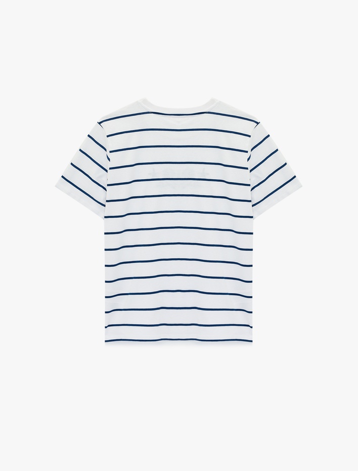  Pamuklu Kısa Kollu Deniz Kabuğu Nakış Detaylı Çizgili Tişört