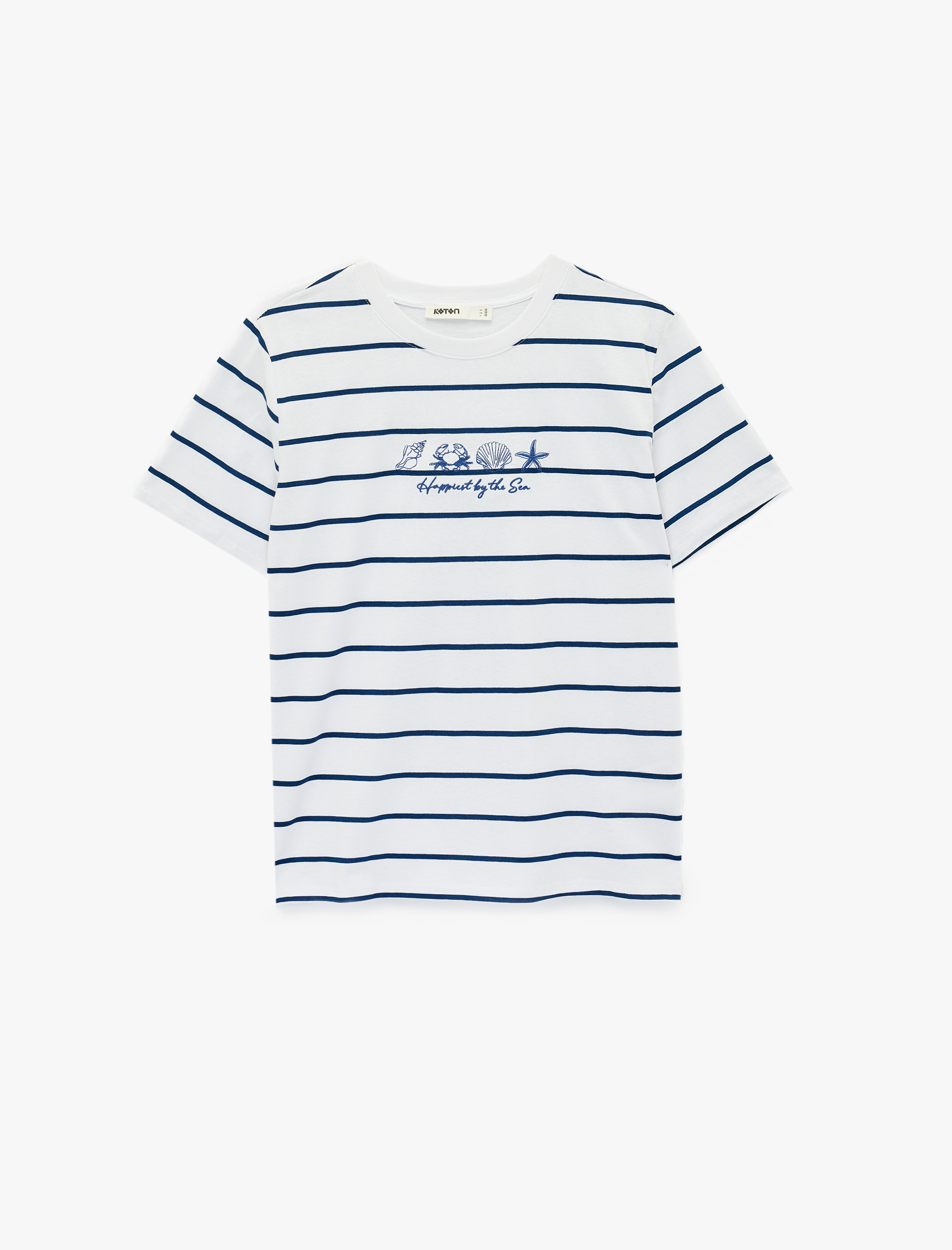   Pamuklu Kısa Kollu Deniz Kabuğu Nakış Detaylı Çizgili Tişört