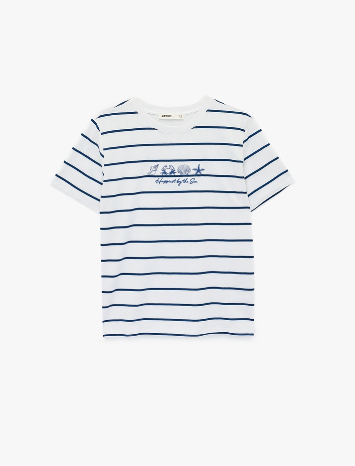  Pamuklu Kısa Kollu Deniz Kabuğu Nakış Detaylı Çizgili Tişört