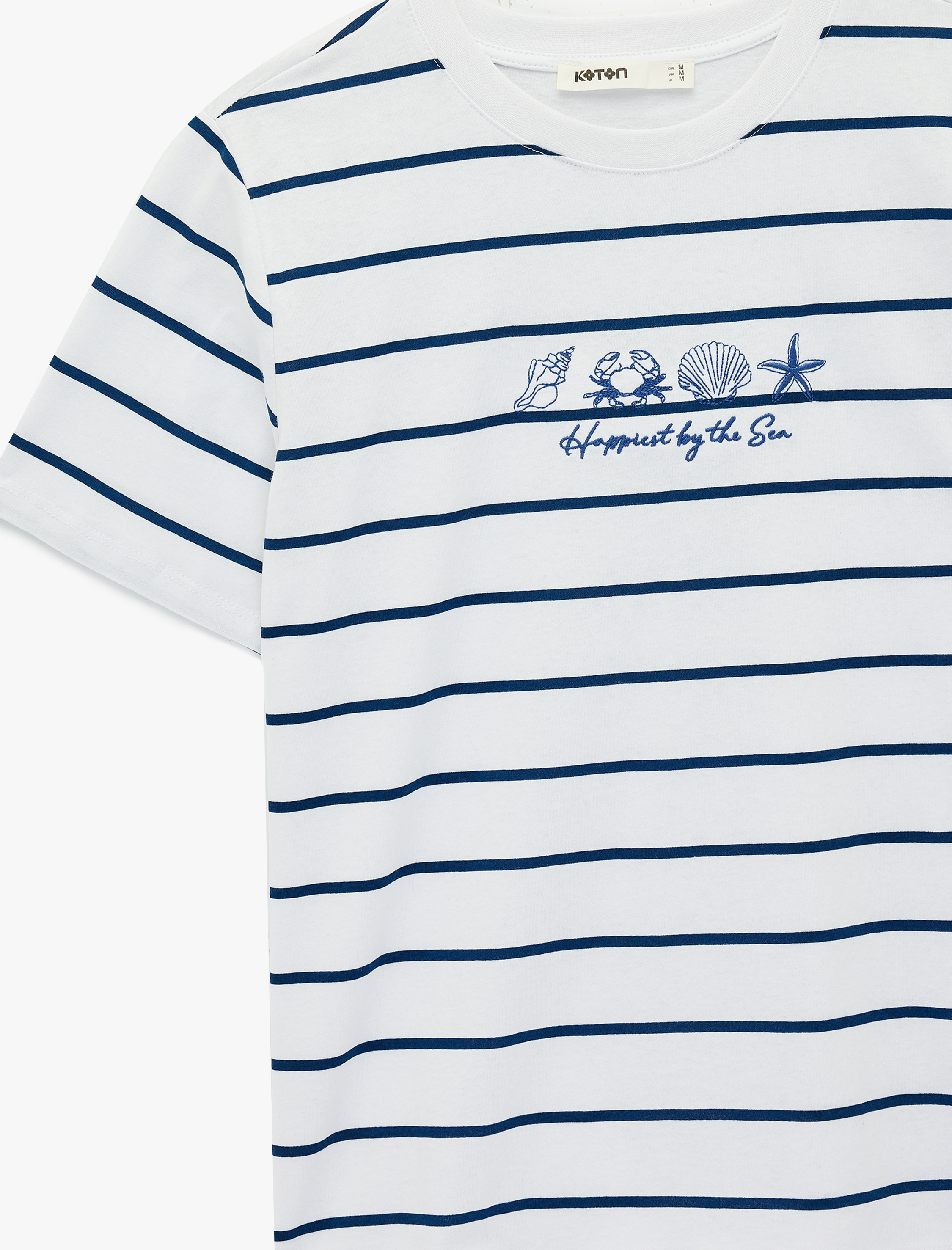   Pamuklu Kısa Kollu Deniz Kabuğu Nakış Detaylı Çizgili Tişört