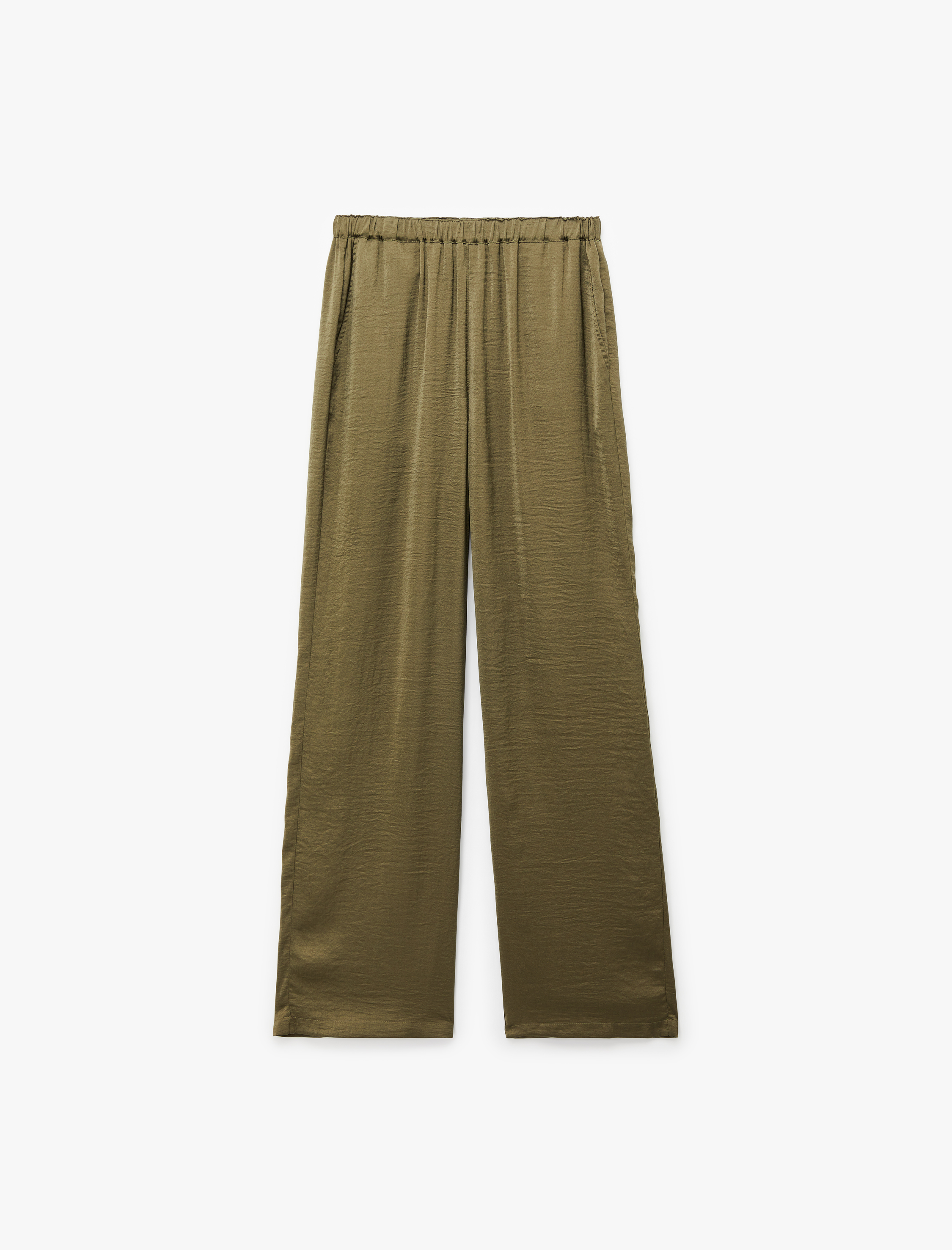   Aerobin Kumaş Beli Lastikli Cepli Geniş Paça Saten Pantolon
