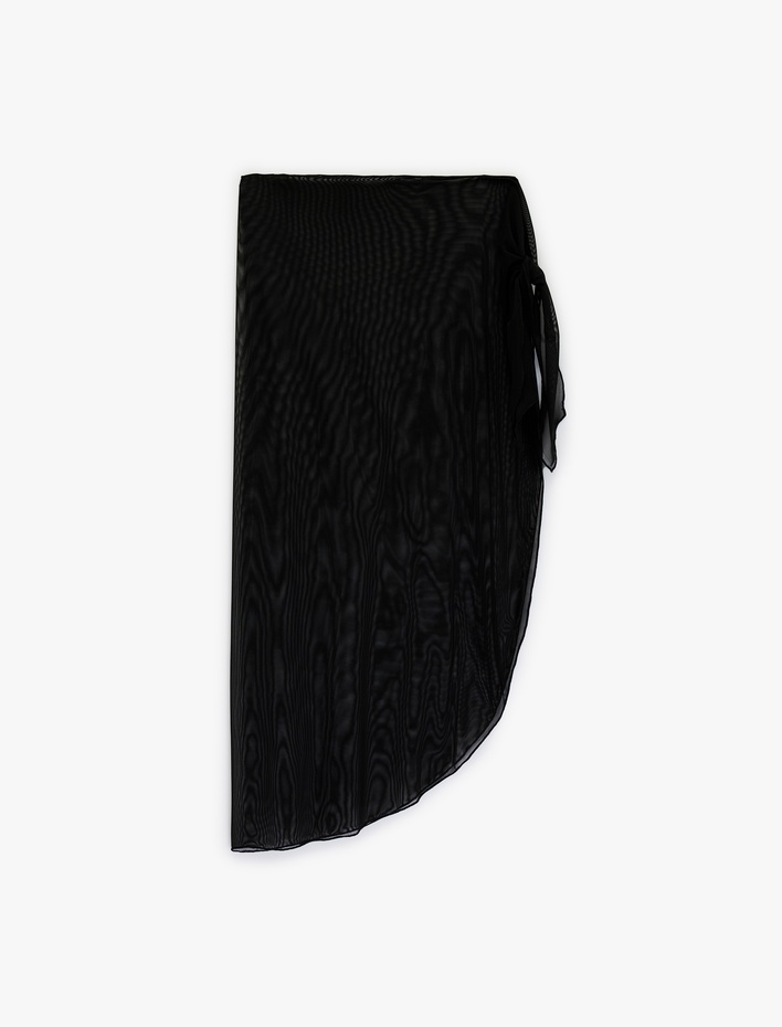  Asimetrik Kesim Yandan Bağlamalı Tül Pareo Etek