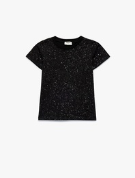 Sim Detaylı Bisiklet Yaka Kısa Kollu Pamuklu Tişört