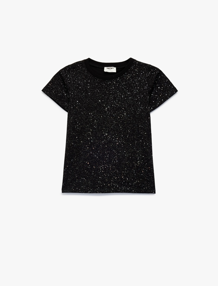 Kız Çocuk Sim Detaylı Bisiklet Yaka Kısa Kollu Pamuklu Tişört