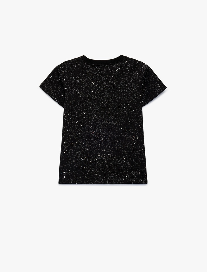 Kız Çocuk Sim Detaylı Bisiklet Yaka Kısa Kollu Pamuklu Tişört