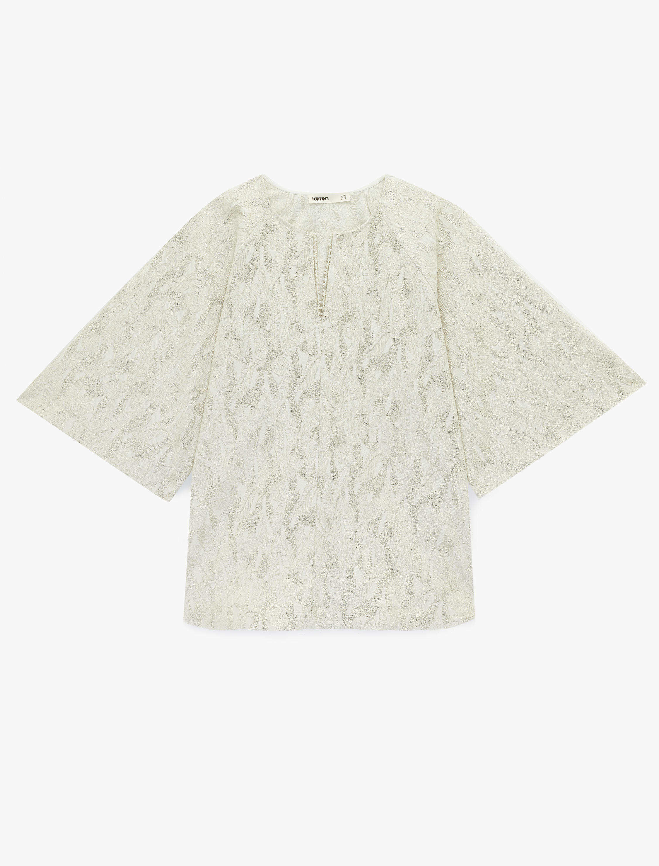   Yuvarlak Kesik Yaka 3/4 Geniş Kol Metalik İplik Detaylı Desenli Parıltılı Tunik