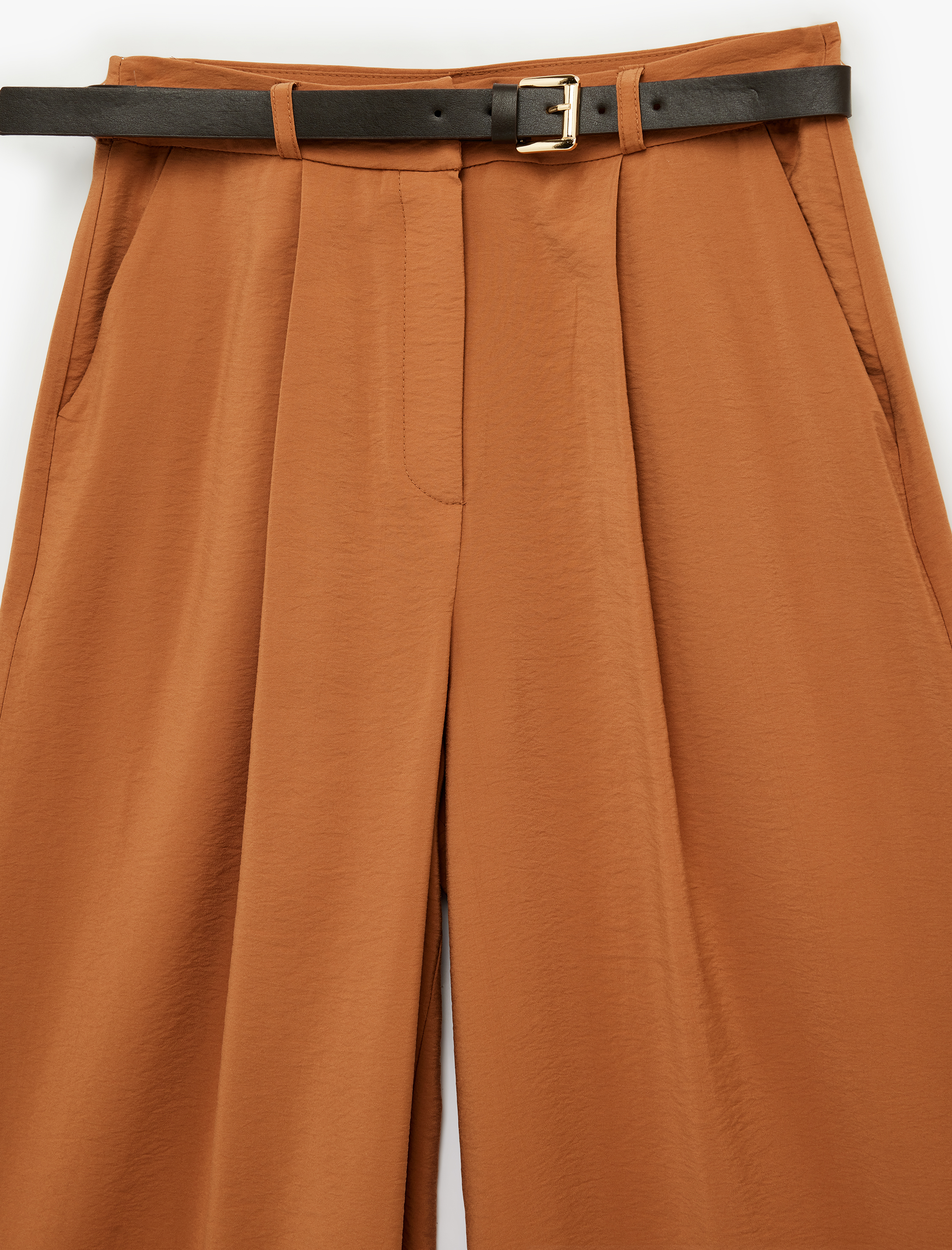   Viskon Karışımlı Cepli Kemerli Yüksek Bel Geniş Paça Palazzo Pantolon