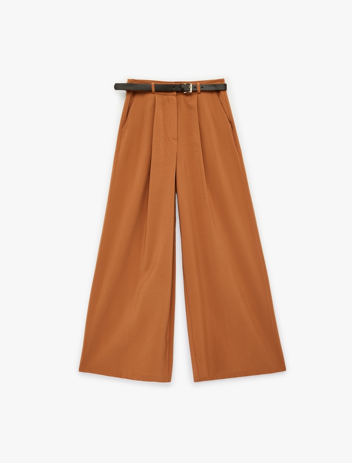  Viskon Karışımlı Cepli Kemerli Yüksek Bel Geniş Paça Palazzo Pantolon