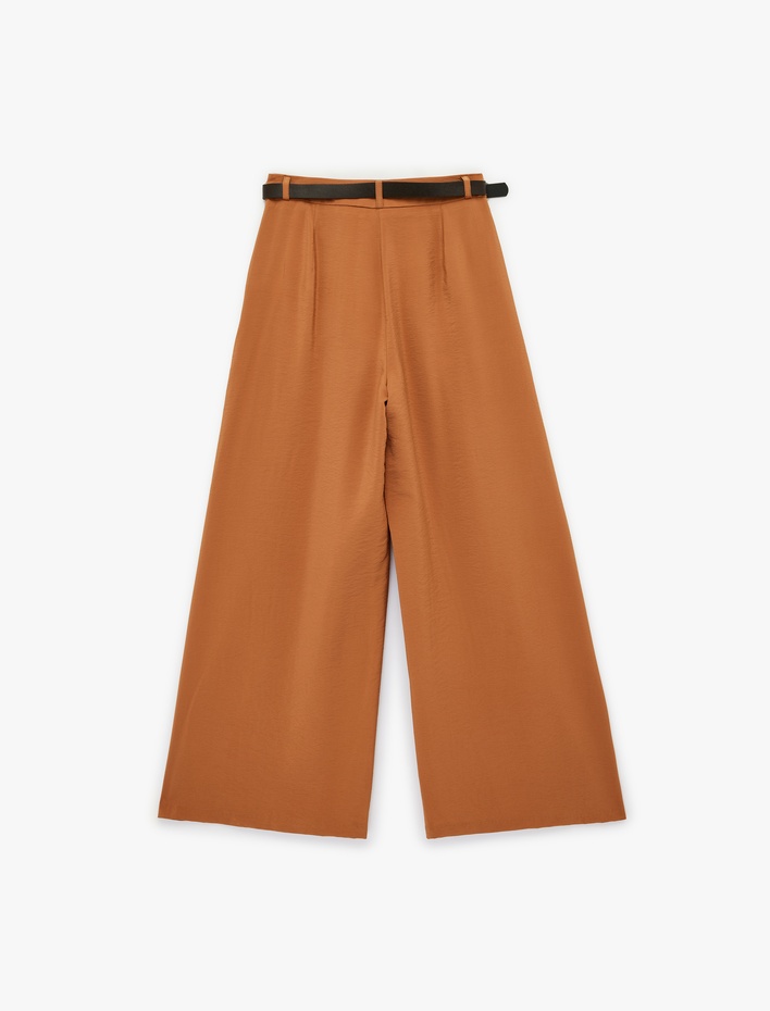  Viskon Karışımlı Cepli Kemerli Yüksek Bel Geniş Paça Palazzo Pantolon