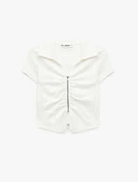 Slim Fit Kısa Kollu Klasik Yaka Fermuar Detaylı Tişört