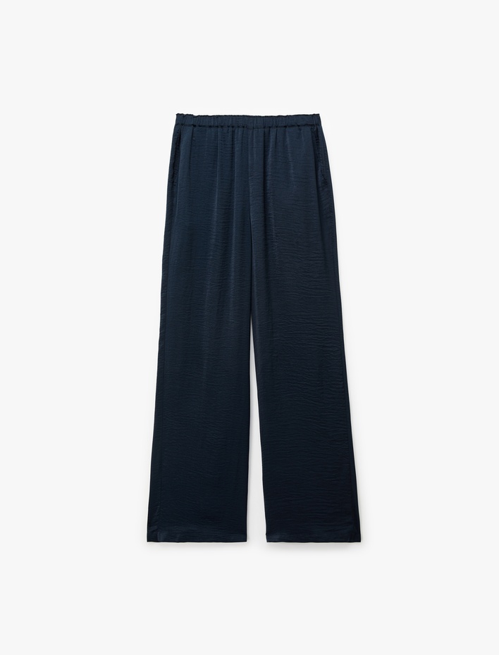  Aerobin Kumaş Beli Lastikli Cepli Geniş Paça Saten Pantolon