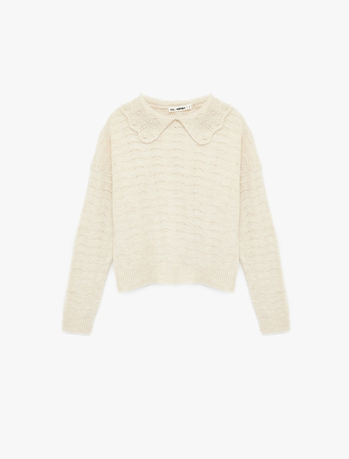  Bebe Yaka Uzun Kollu İnci Detaylı Triko Kazak