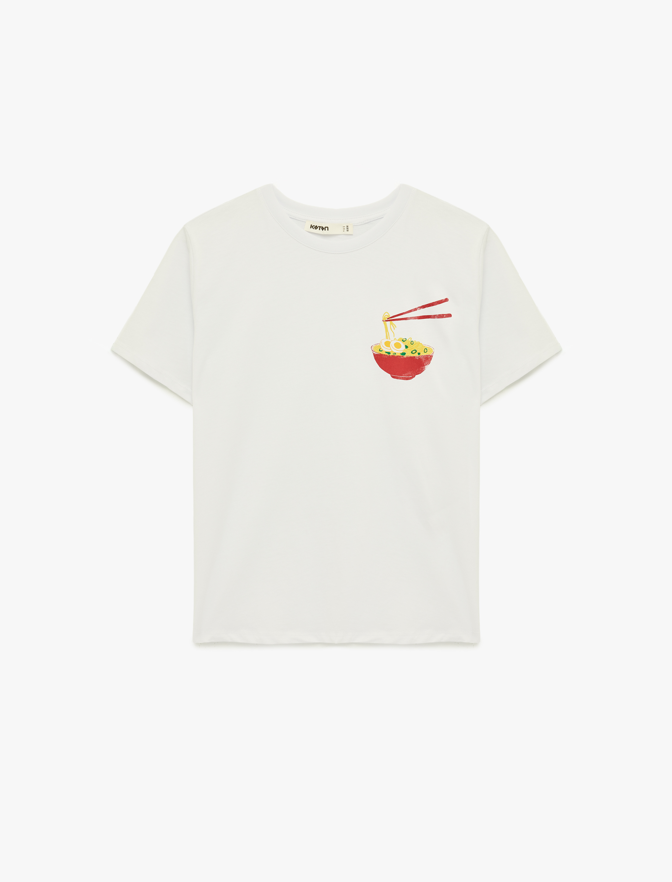   Pamuklu Kısa Kollu Bisiklet Yaka Ramen Baskı Detaylı Tişört