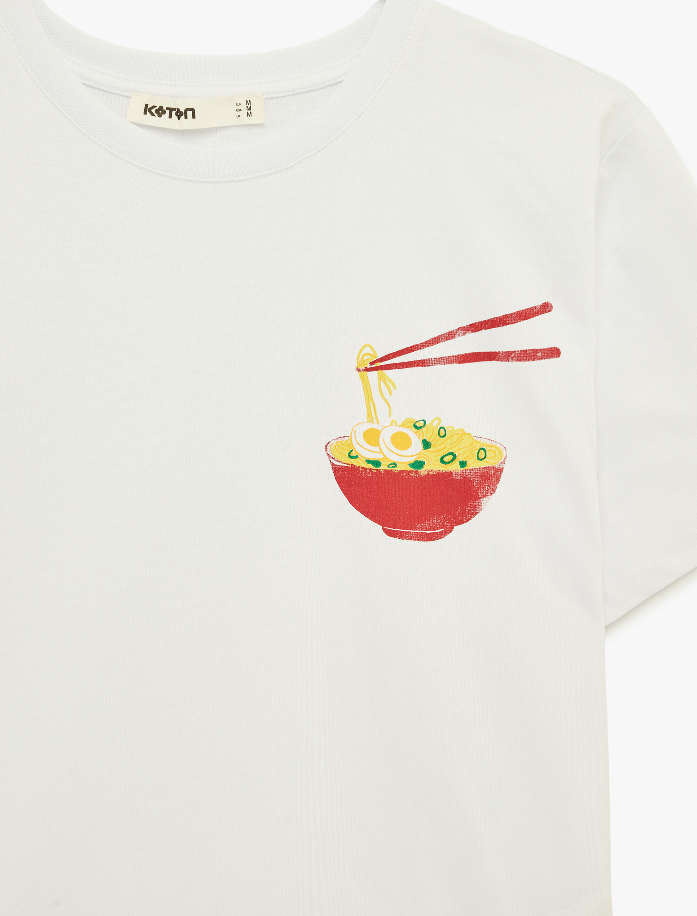   Pamuklu Kısa Kollu Bisiklet Yaka Ramen Baskı Detaylı Tişört