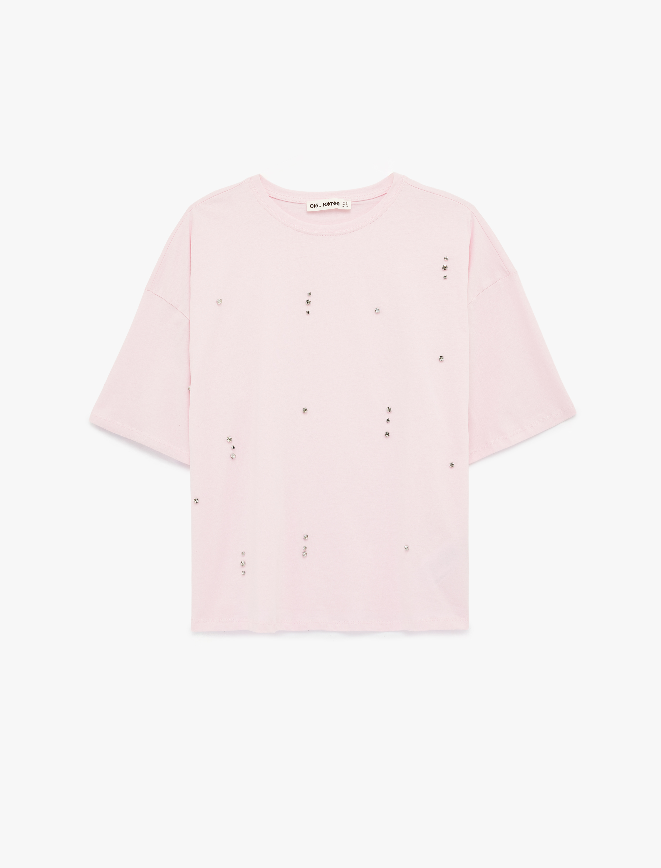   Kısa Kollu Bisiklet Yaka Pamuklu Taşlı Tişört