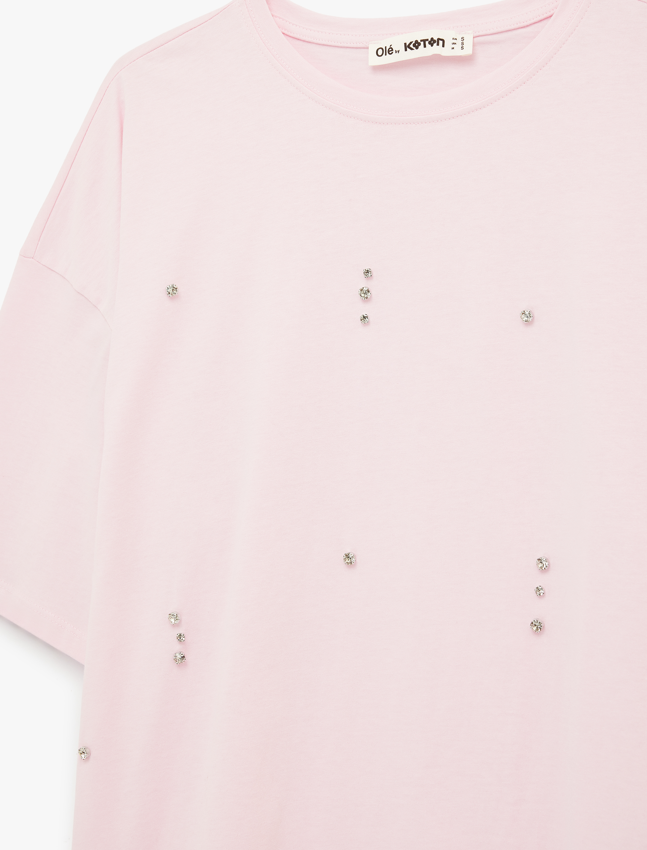   Kısa Kollu Bisiklet Yaka Pamuklu Taşlı Tişört