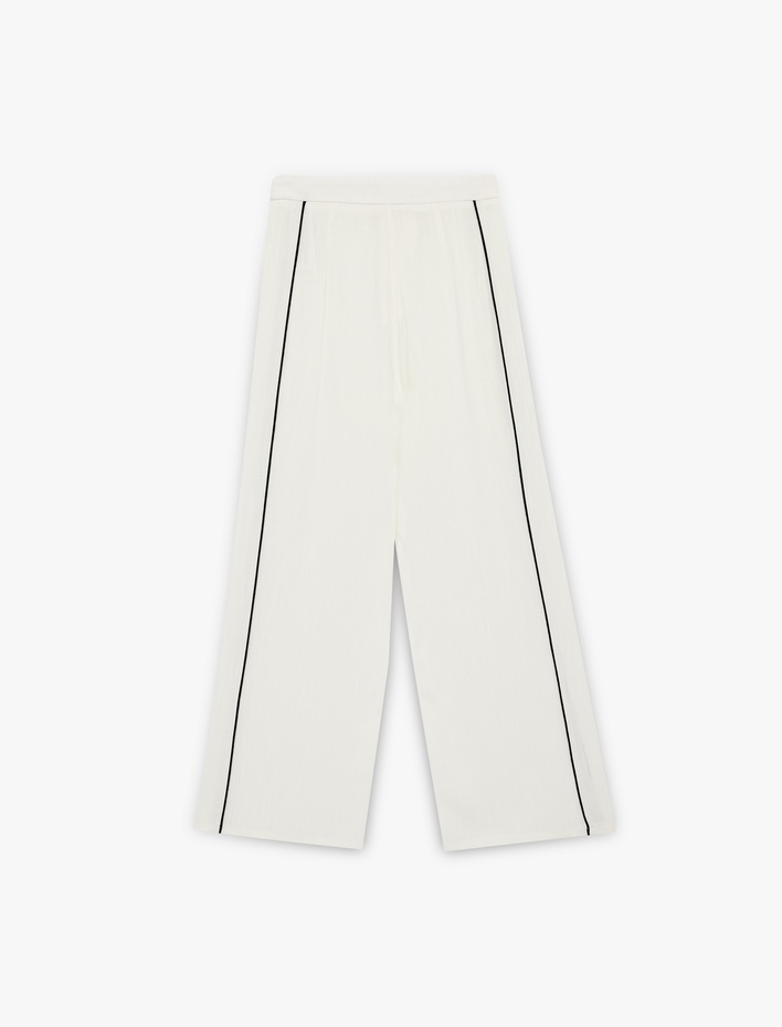  Viskon Kumaş Yandan Şerit Detaylı Yüksek Bel Geniş Paça Palazzo Pantolon