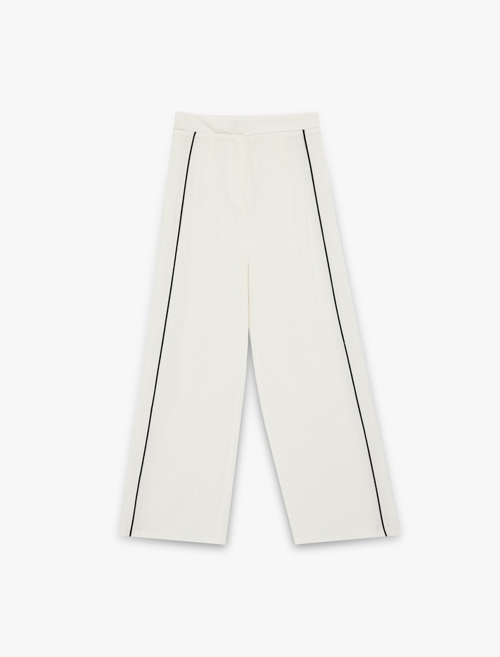  Viskon Kumaş Yandan Şerit Detaylı Yüksek Bel Geniş Paça Palazzo Pantolon