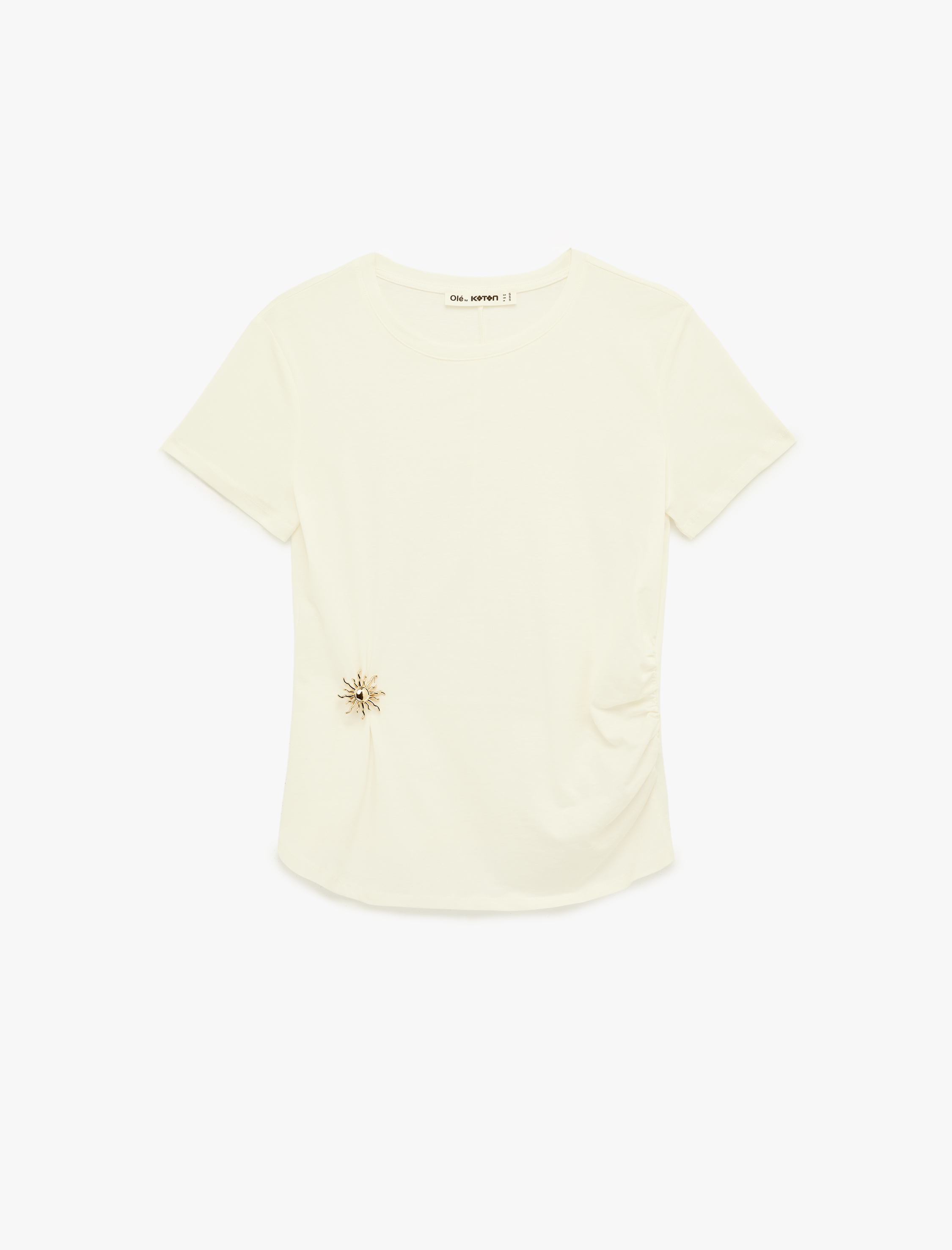   Metal Aksesuarlı Bisiklet Yaka Kısa Kollu Pamuklu Tişört