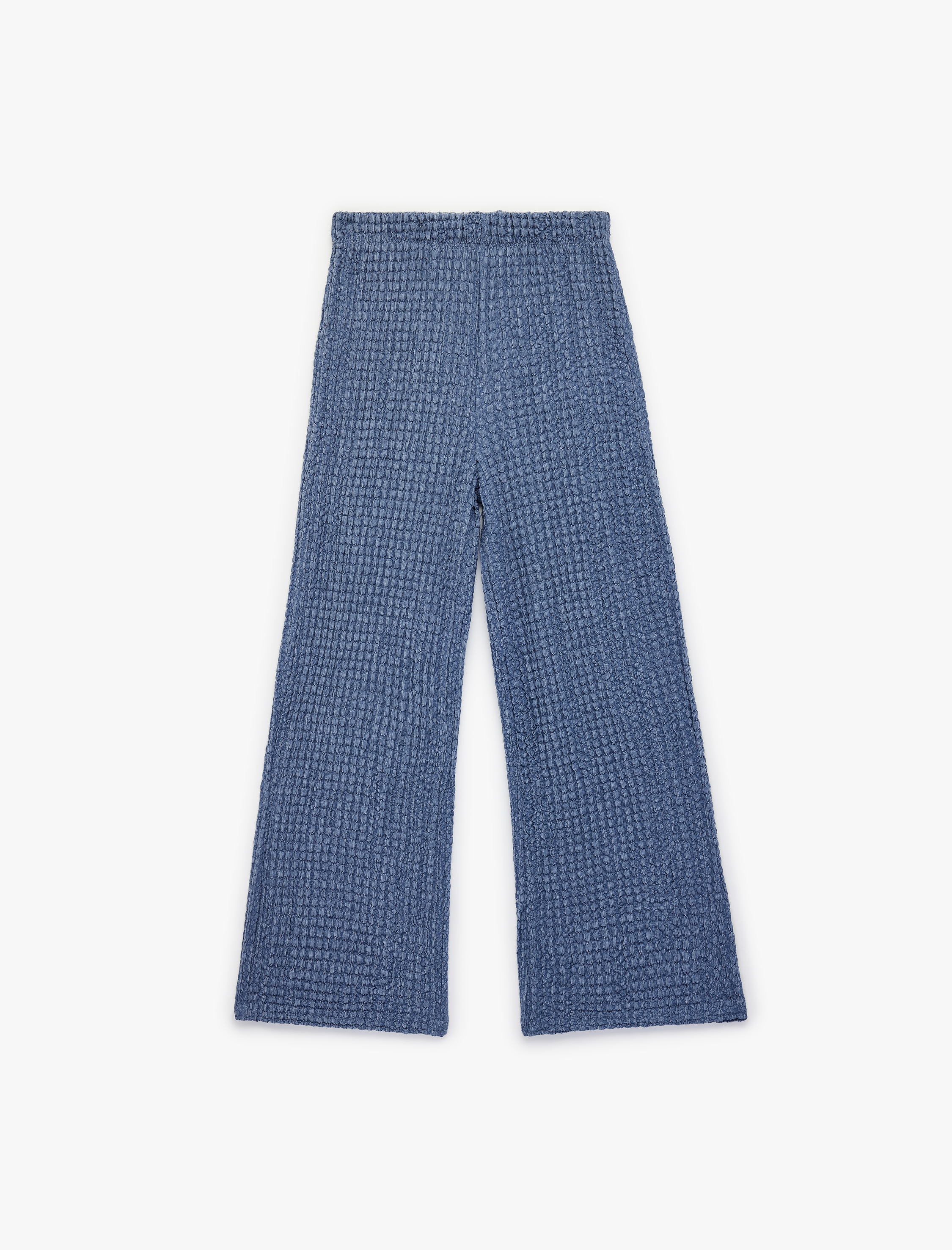  Kız Çocuk Beli Lastikli Dokulu Geniş Paça Pantolon