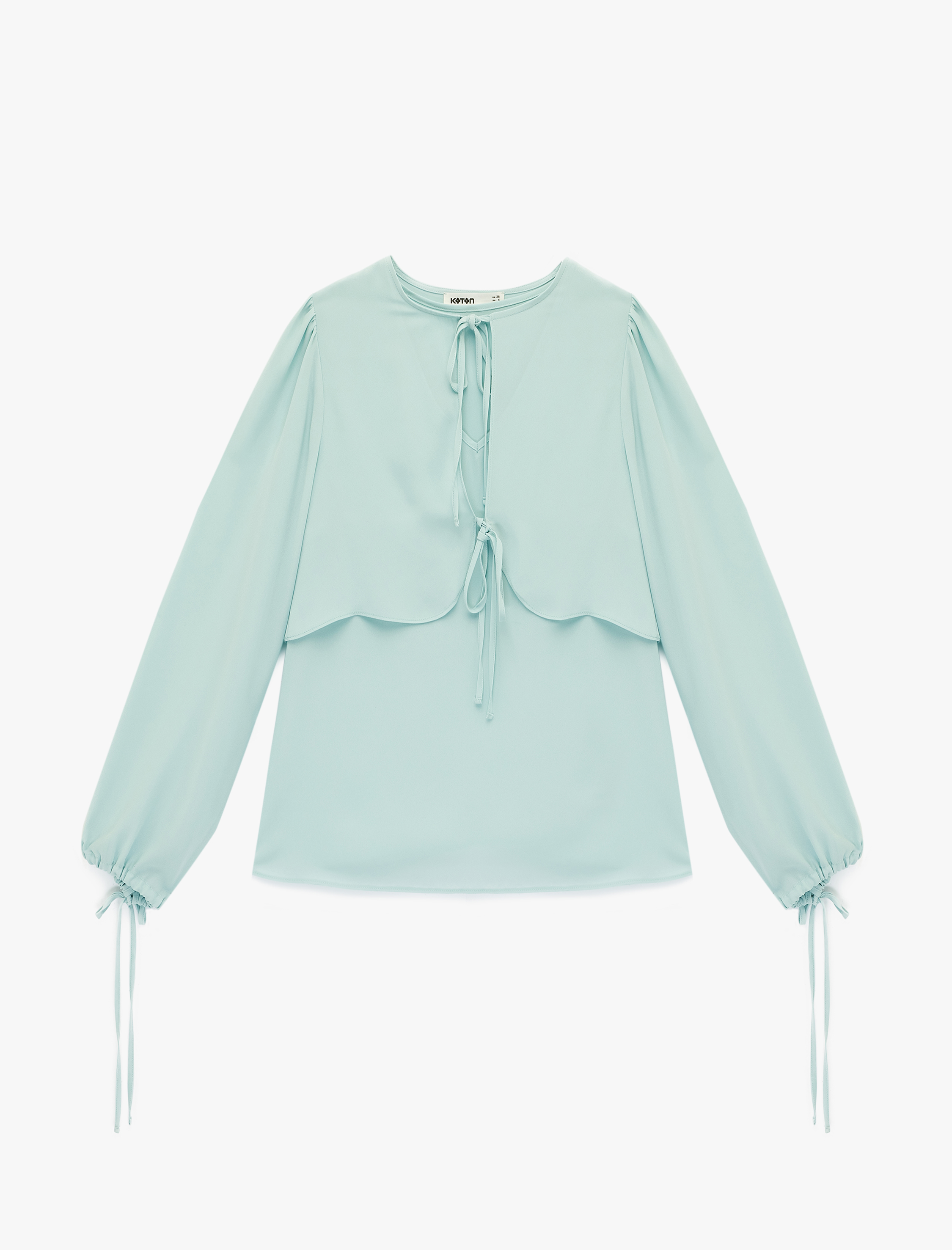   Uzun Kollu Bağcıklı Yuvarlak Yaka Şifon Bluz