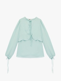 Uzun Kollu Bağcıklı Yuvarlak Yaka Şifon Bluz