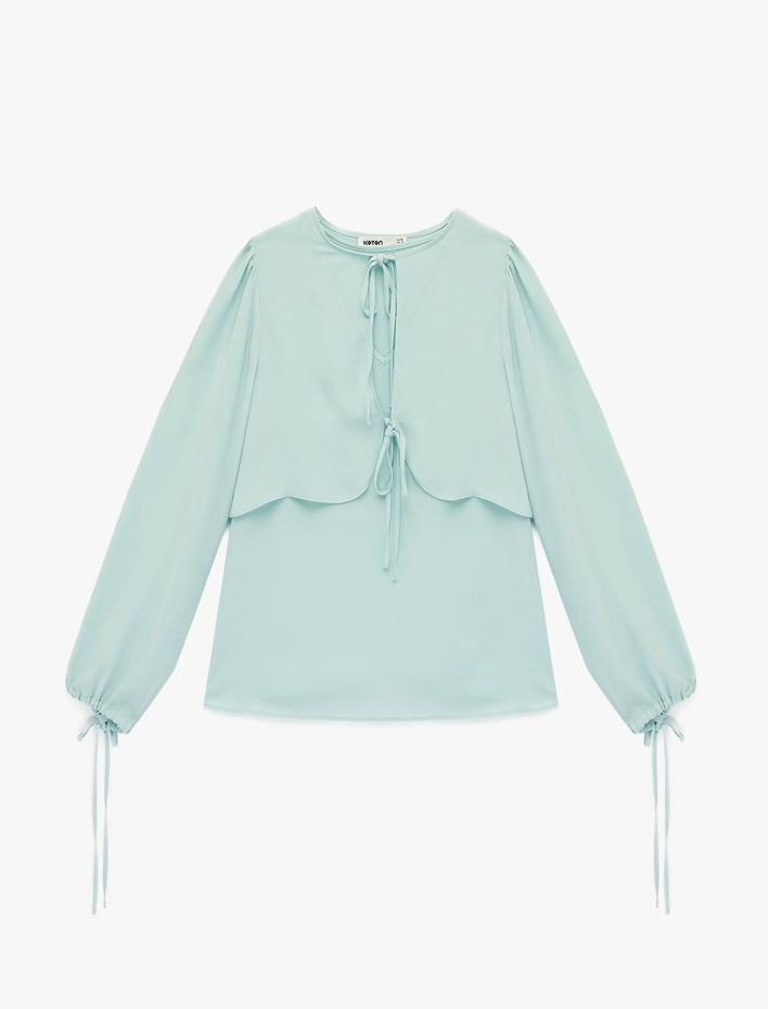  Uzun Kollu Bağcıklı Yuvarlak Yaka Şifon Bluz