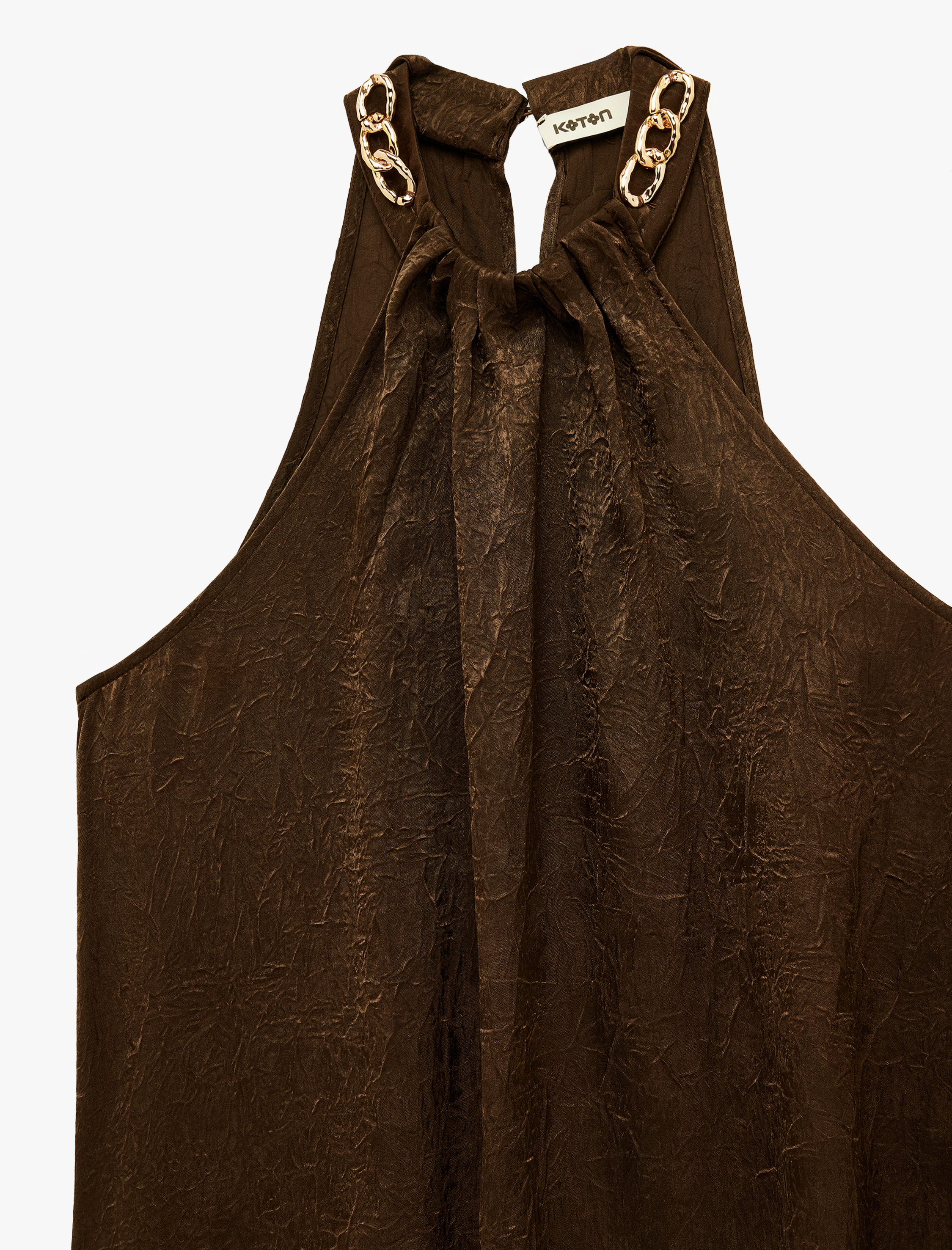   Metal Aksesuar Detaylı Dokulu Uzun Halter Yaka Saten Elbise