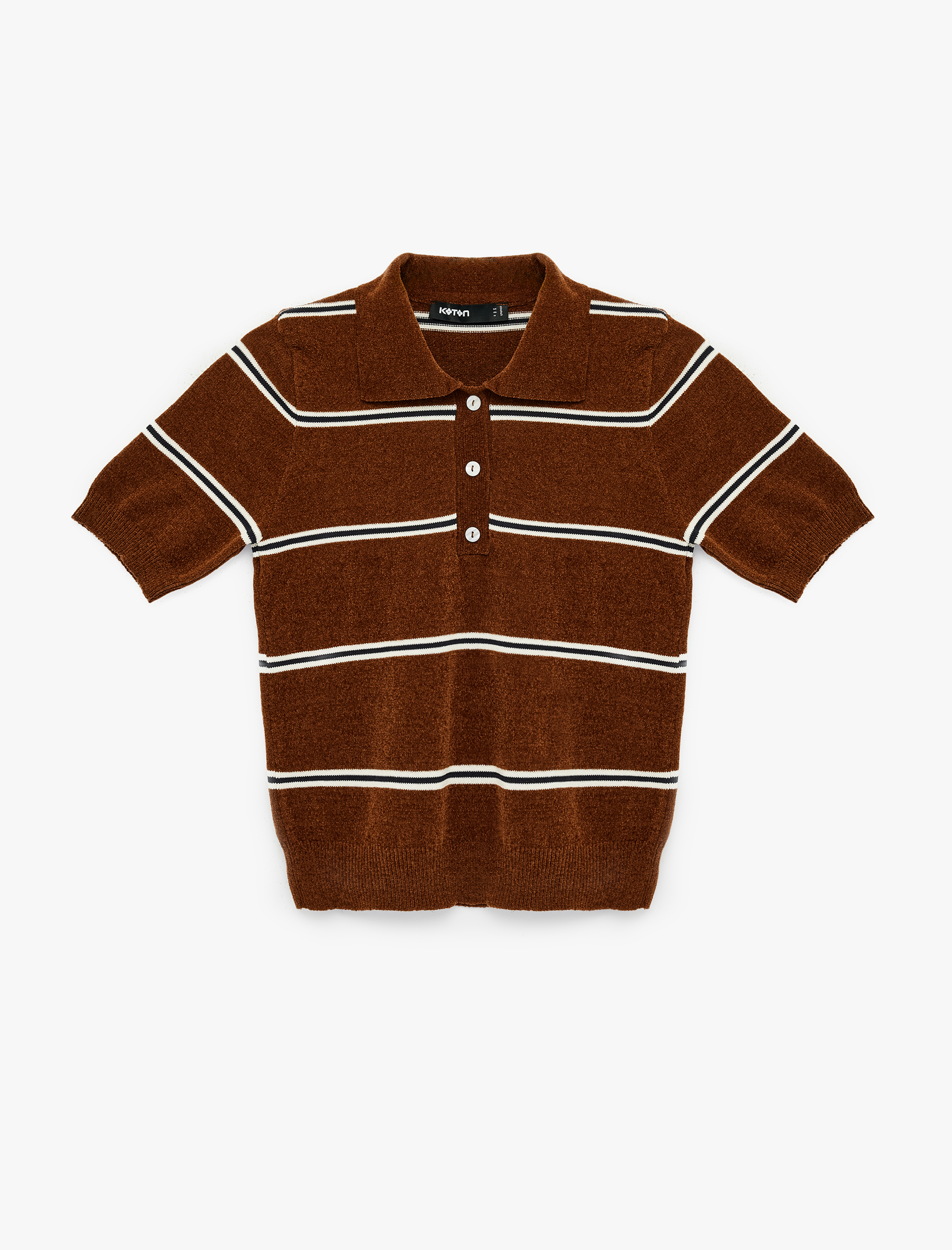   Kısa Kollu Polo Yaka Çizgili Şönil Kazak