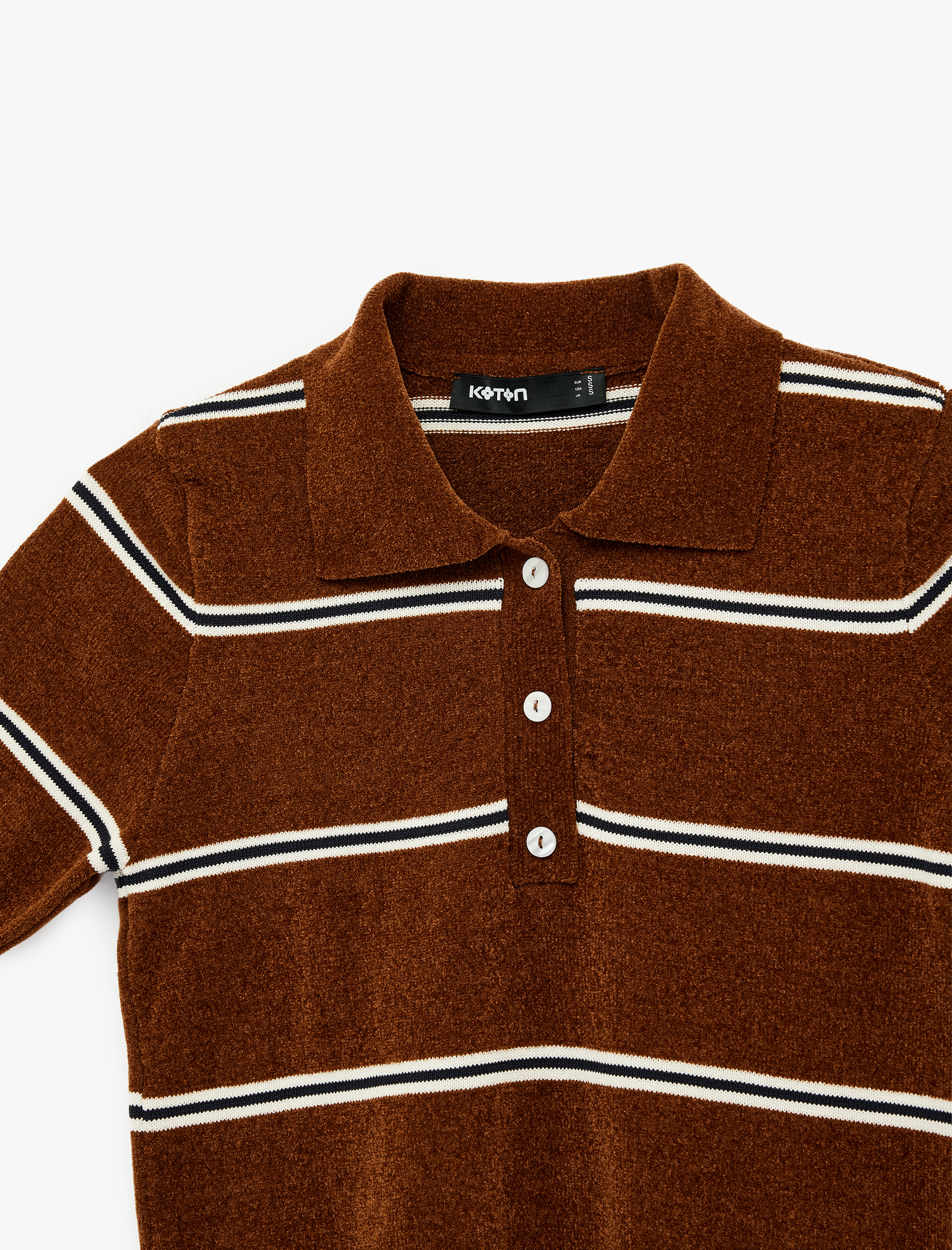   Kısa Kollu Polo Yaka Çizgili Şönil Kazak