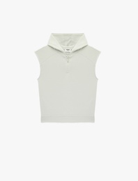 Yarım Fermuarlı Viskon Karışımlı Kolsuz Oversize Kapüşonlu Tişört