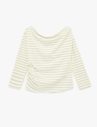 Drapeli Uzun Kollu Asimetrik Yaka Çizgili Tişört