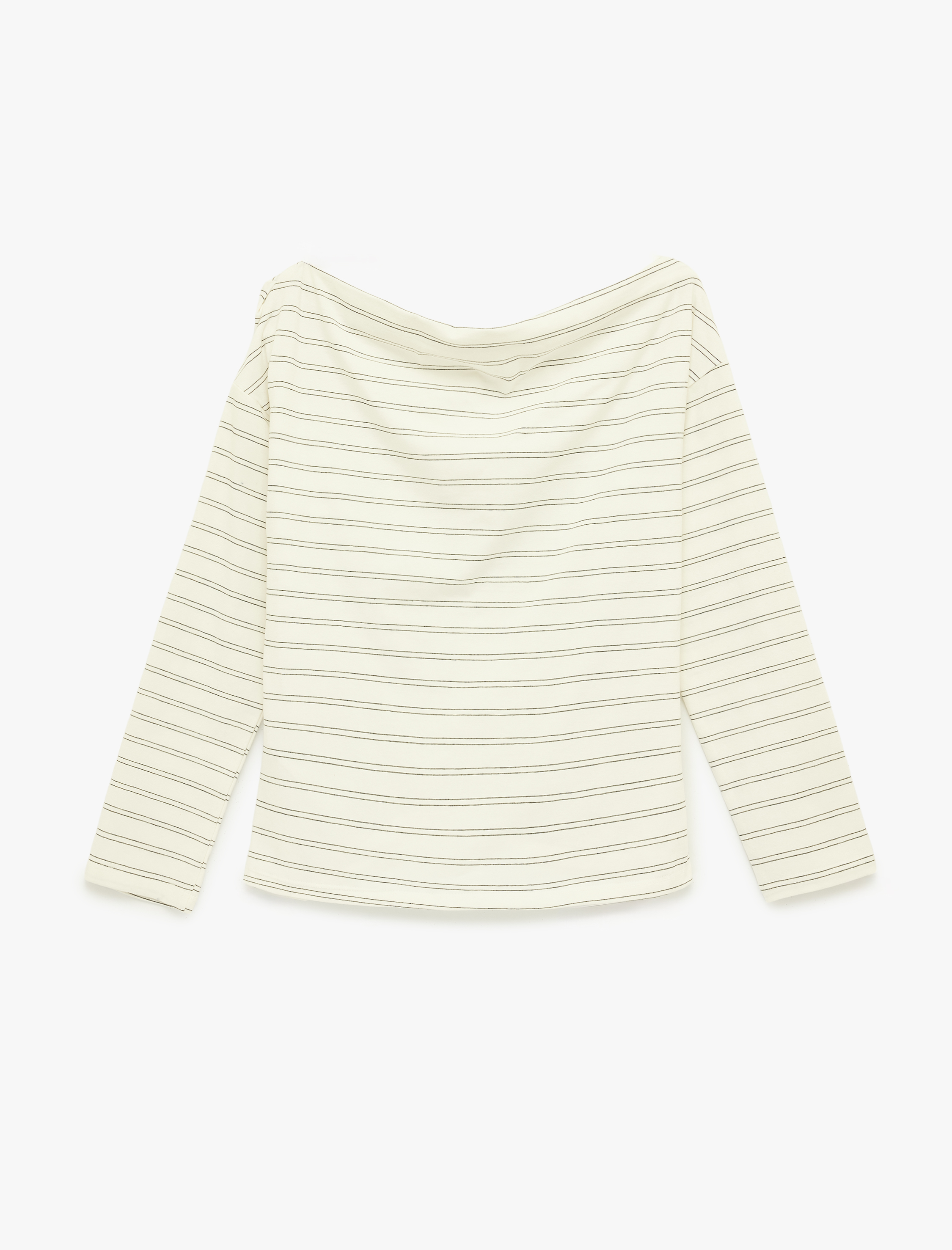   Drapeli Uzun Kollu Asimetrik Yaka Çizgili Tişört