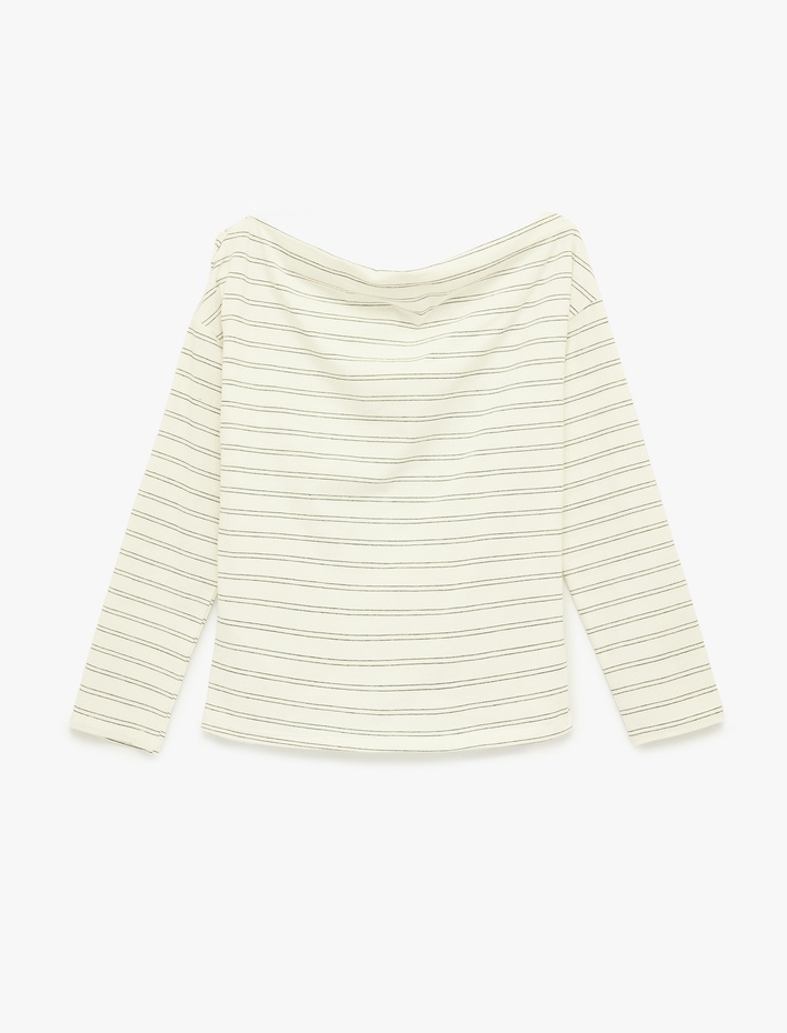  Drapeli Uzun Kollu Asimetrik Yaka Çizgili Tişört