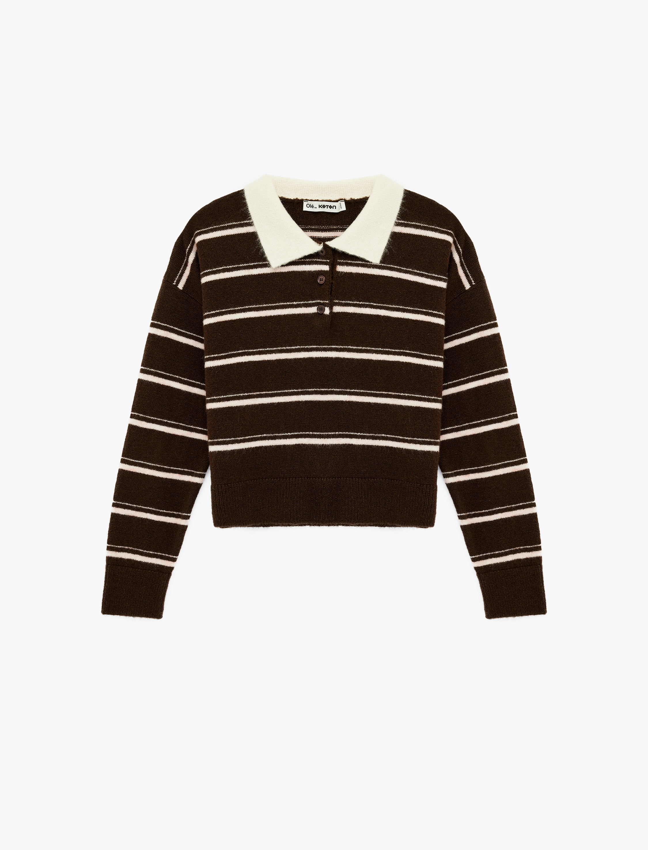   Düğmeli Uzun Kollu Polo Yaka Çizgili Triko Crop Kazak