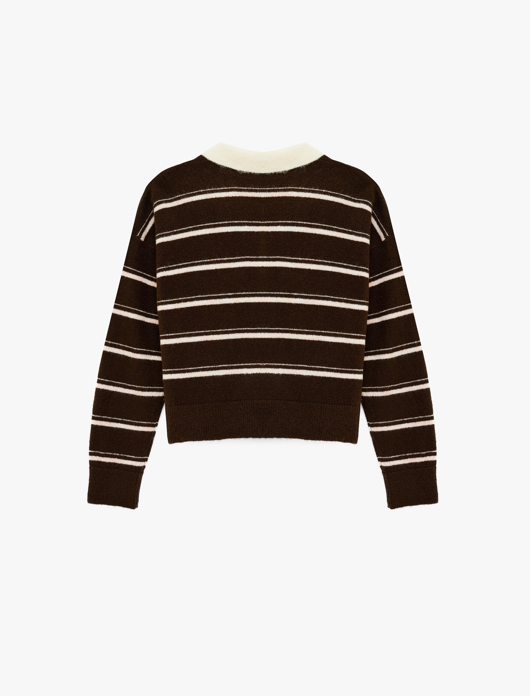   Düğmeli Uzun Kollu Polo Yaka Çizgili Triko Crop Kazak