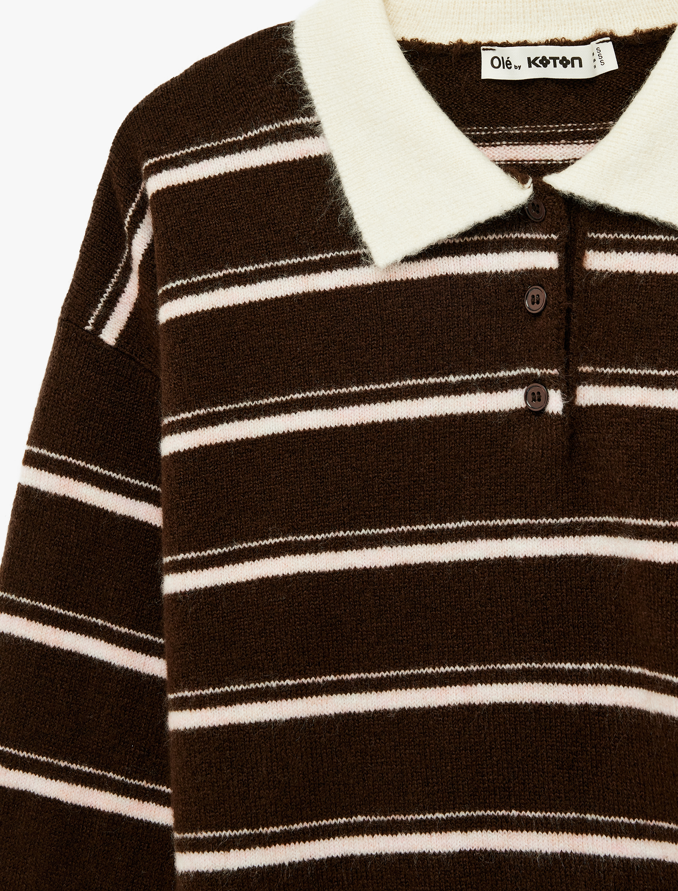   Düğmeli Uzun Kollu Polo Yaka Çizgili Triko Crop Kazak