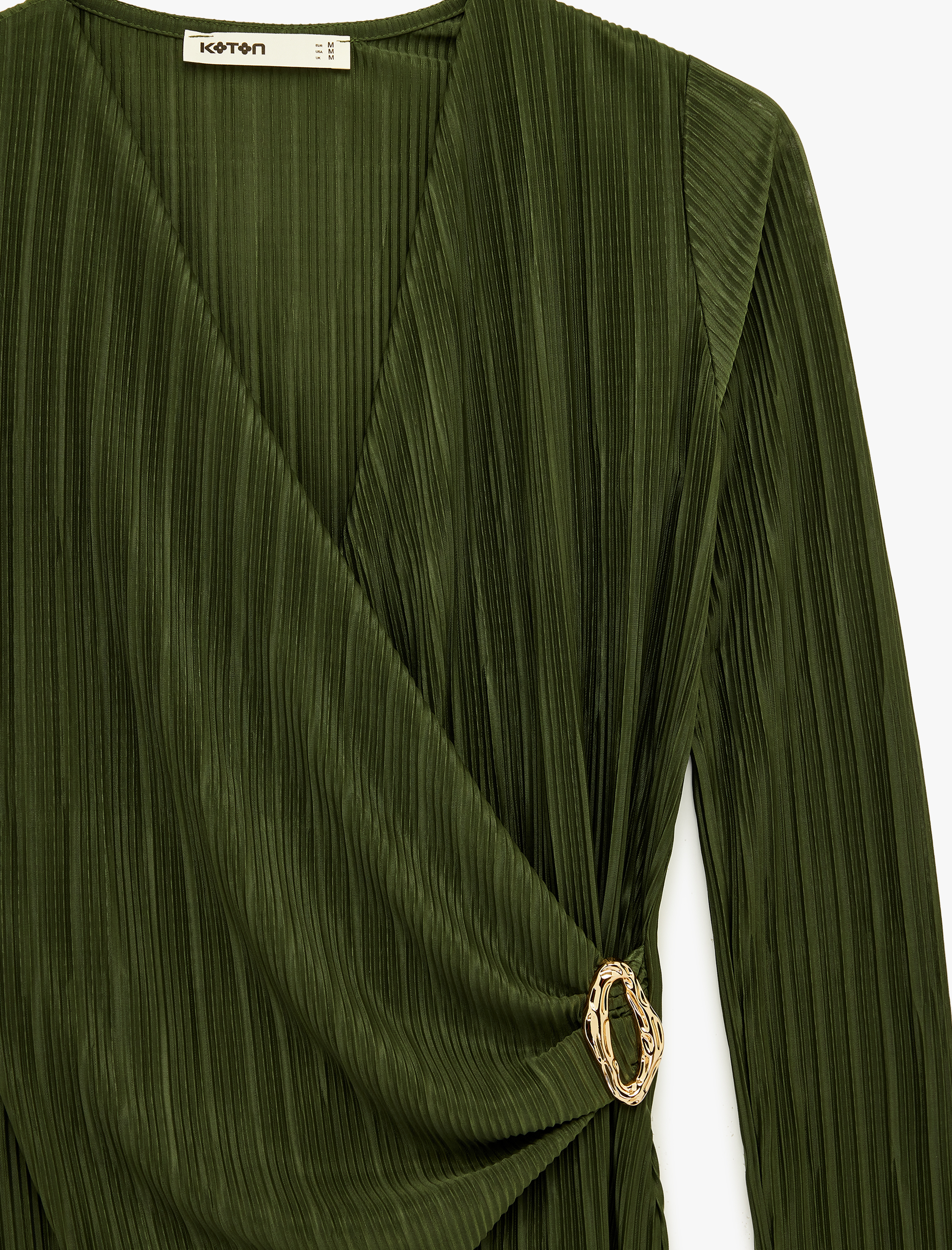   Uzun Kollu Aksesuar Detaylı Kruvaze Piliseli Bluz