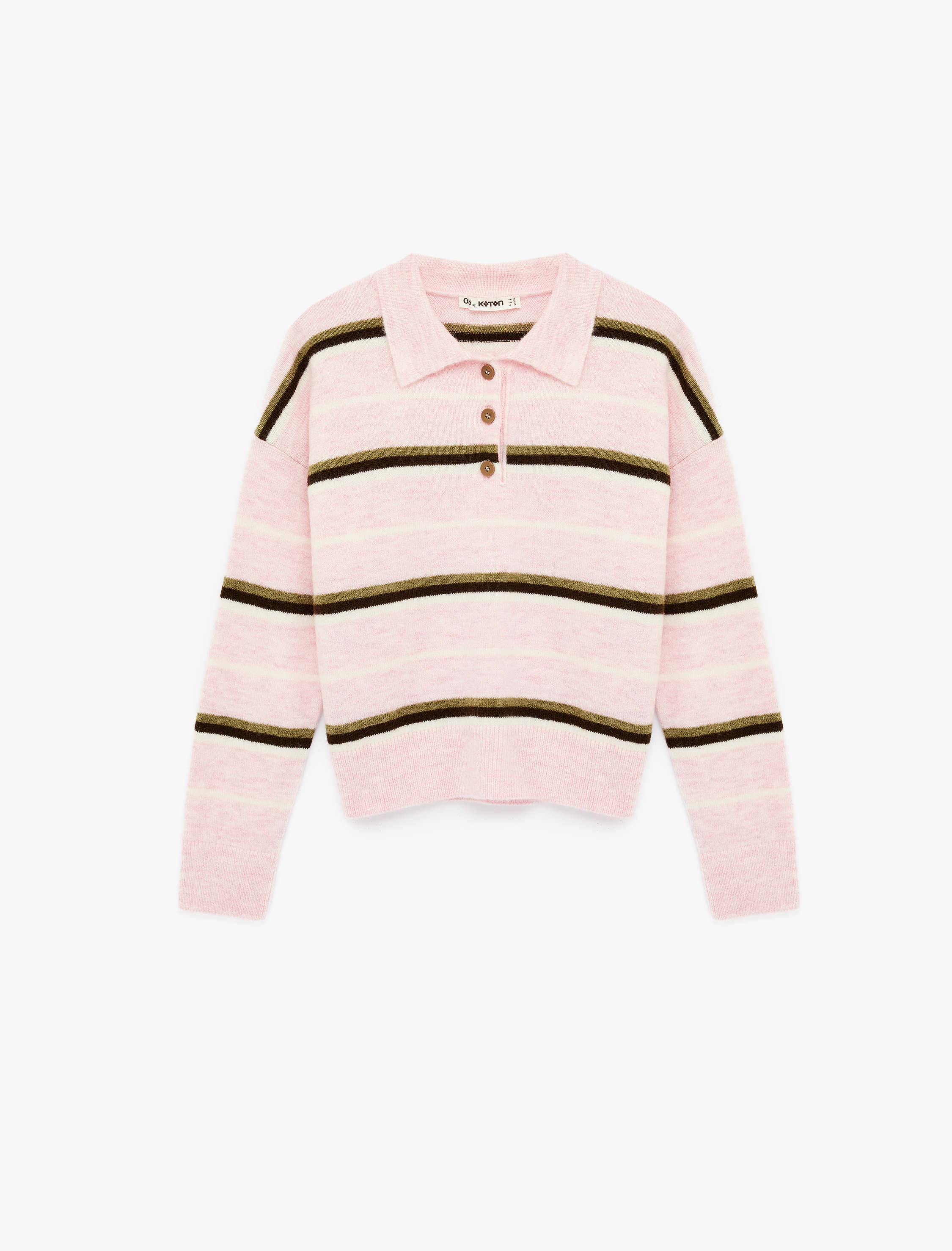   Düğmeli Uzun Kollu Polo Yaka Çizgili Triko Kazak