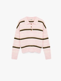 Düğmeli Uzun Kollu Polo Yaka Çizgili Triko Kazak