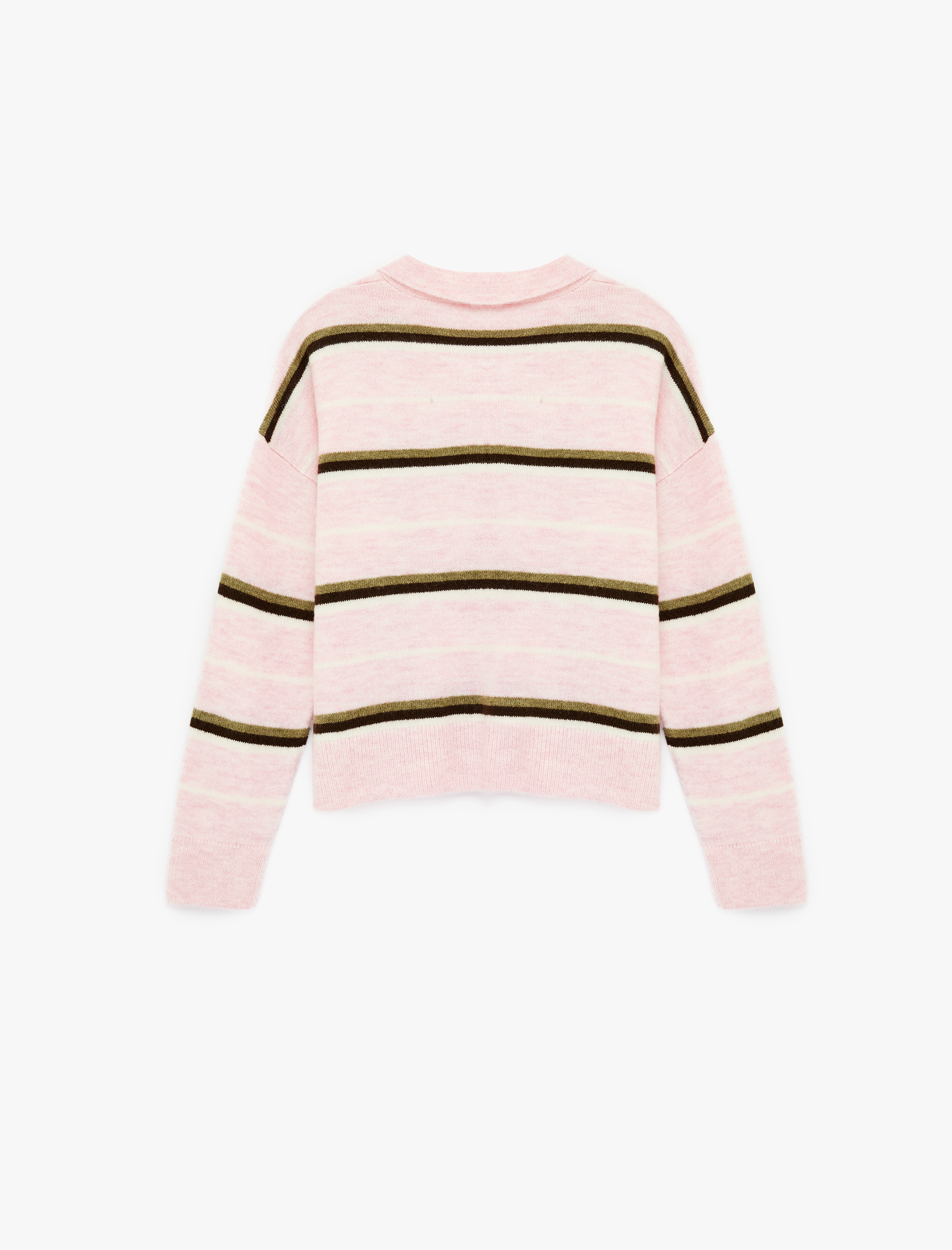   Düğmeli Uzun Kollu Polo Yaka Çizgili Triko Kazak