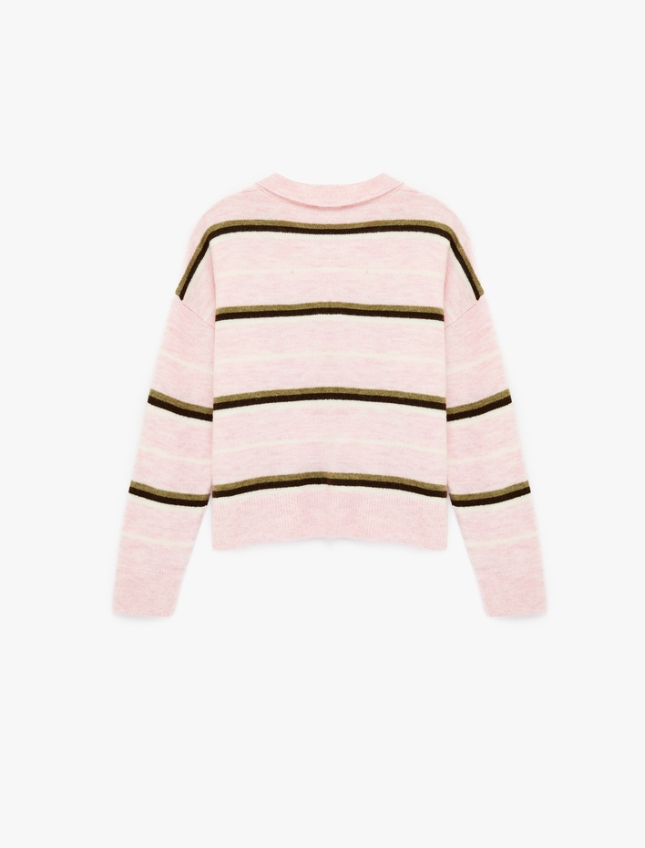  Düğmeli Uzun Kollu Polo Yaka Çizgili Triko Kazak