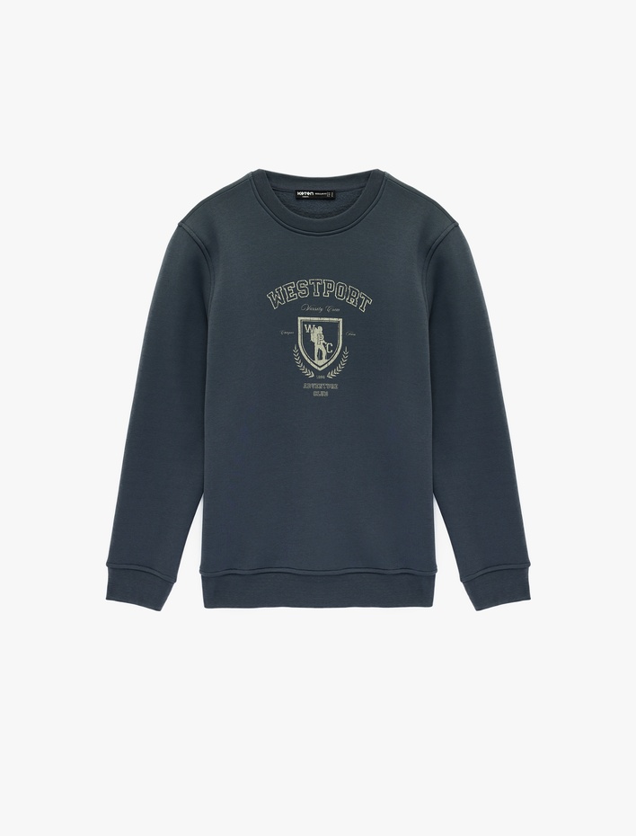  Uzun Kollu Şardonlu Baskılı Bisiklet Yaka Sweatshirt